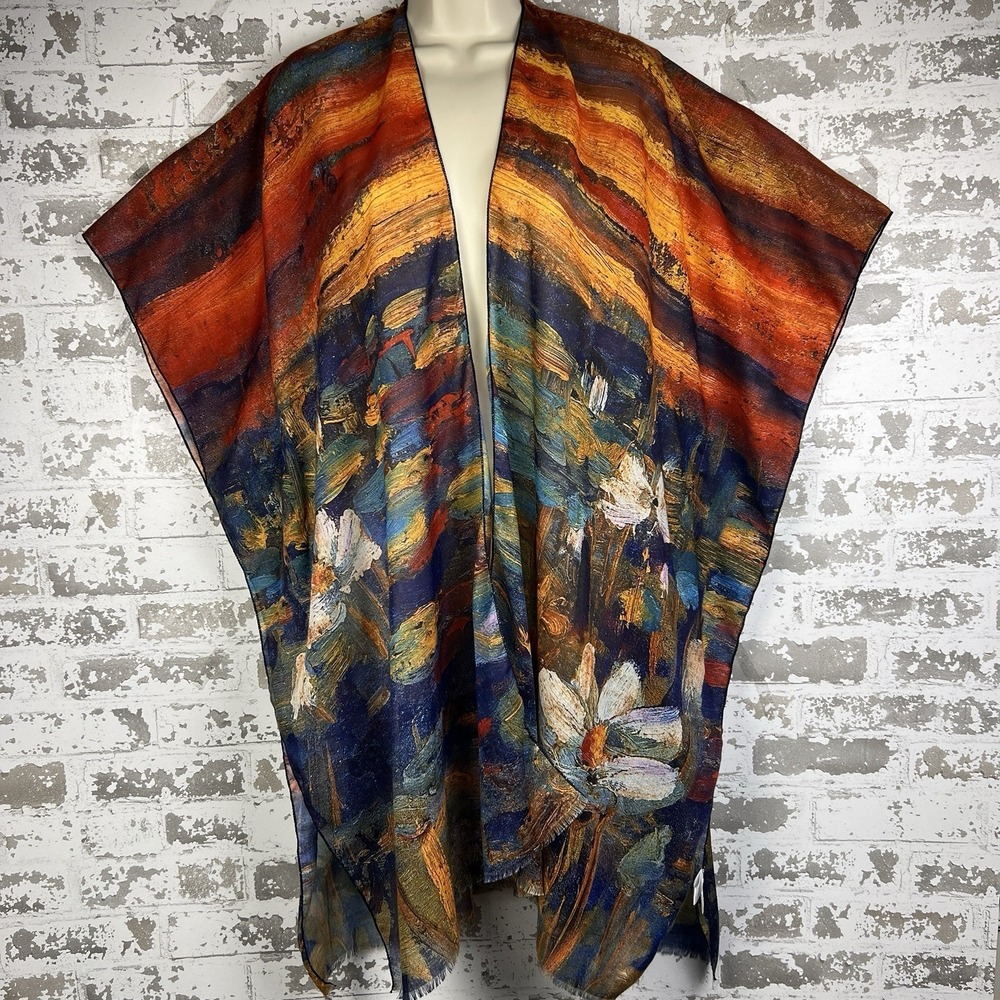 Monet Water Lilies Inspired Ruana Kimono Poly Chiffon Resort Cover Up Fringe Hem - Picture 2 of 14